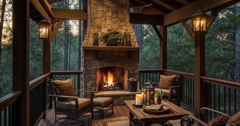 covered deck with fireplace